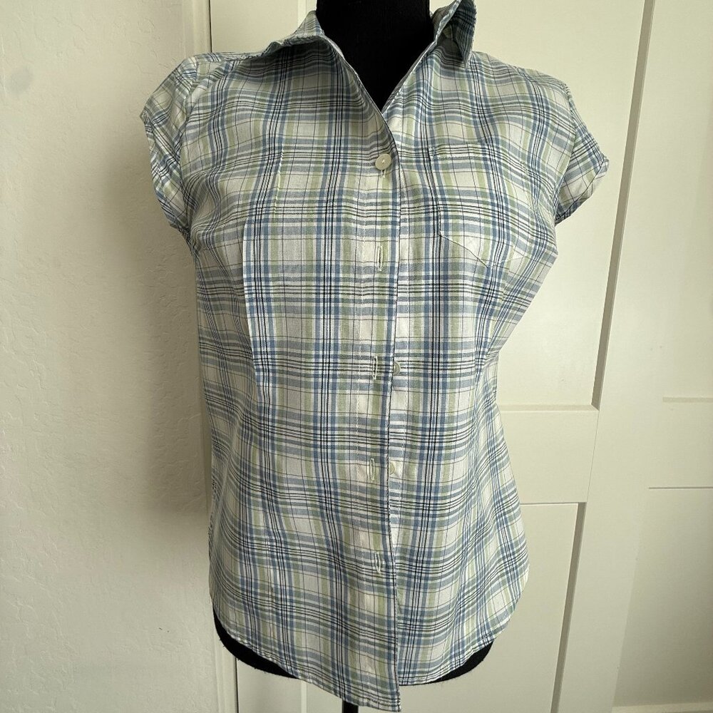 Liz Claiborne PXS SS 100% Cotton Button Up Shirt Blue Green Plaid